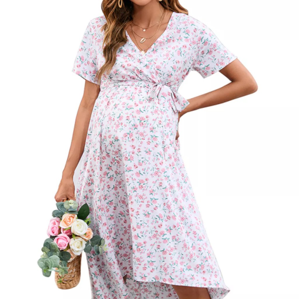 Maternity Dress For Women Cross V Neck Wrap Lanterntie High Waist A-Line Flowy